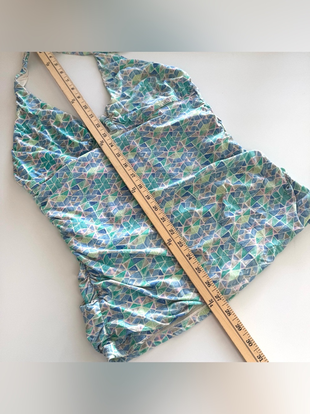 Helen Jon Women’s L Halter Neck Ruched Tankini Top Swimsuit Geometric Print Blue - Picture 9 of 10